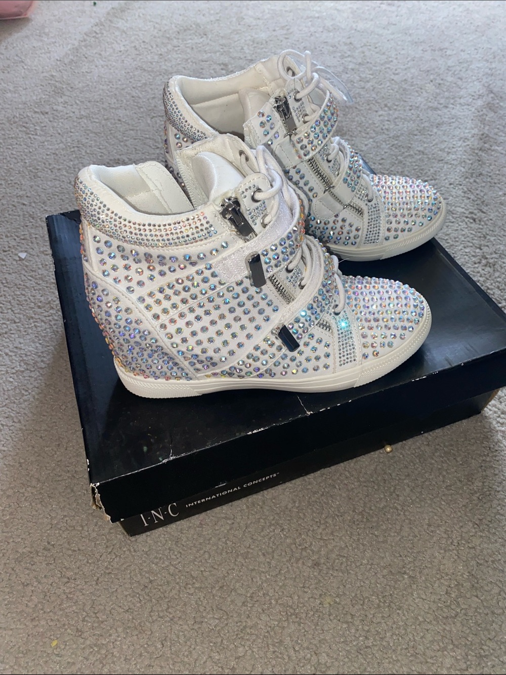 White Crystal-Embellished Wedge Sneakers - Women's